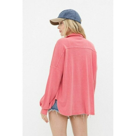 Not Your Boyfriend's Textured Knit Shirt Jacket in Coral - Picture 5 of 6